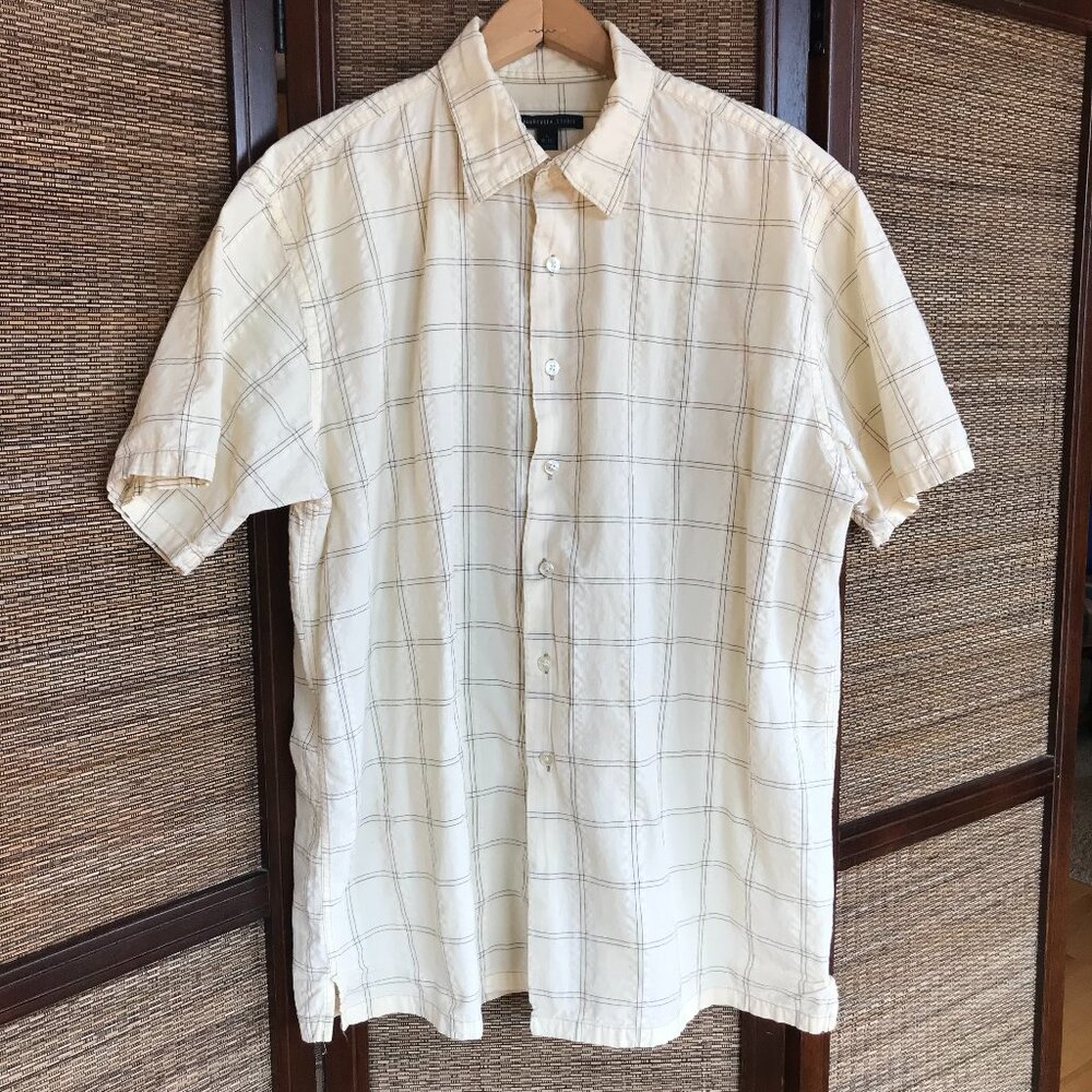 Van Heusen Studio Short-Sleeved Seersucker Shirt Pale Yellow Plaid Men's Size L